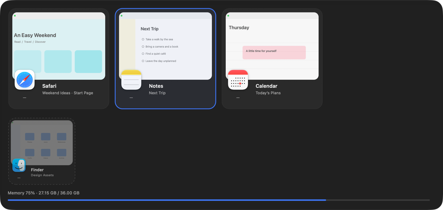 GlassTab switcher with preview cards for Safari, Notes and Calendar, a minimized Finder window in a smaller row, and memory in use along the bottom